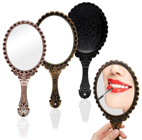 3 Pièces Rétro Miroir à Main, Miroir de Maquillage avec Poignée, Miroir Vintage Floral en Relief, Miroir Rétro Compact Et Portable, Miroir Ovale Simple Face pour Bureau de Voyage (Noir, Rose, Bronze)