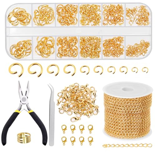 Swpeet 504Pcs Gold 3mm by 10 Yard Length Jewelry Making Chains Kit with Jump Rings, Jewelry Plier, Curved Tweezers, Jump Ring Opener, Lobster Clasps, Jewel Making Tools for Necklace Bracelet DIY