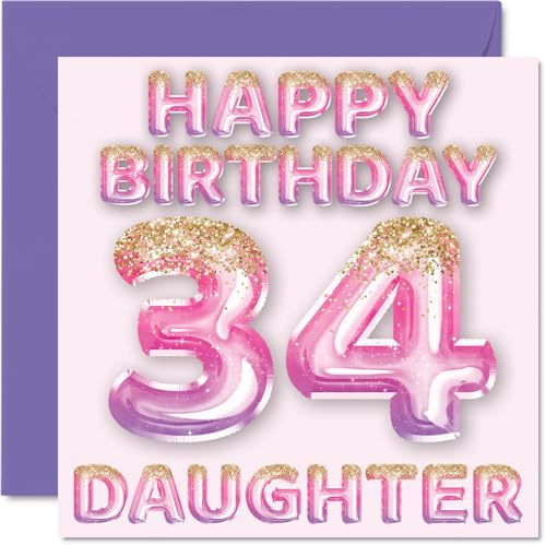 34th Birthday Card for Daughter, Pink & Purple Glitter Balloons | Happy Birthday Cards for 34 Year Old Daughter from Mum or Dad Parents, 145mm Bday Greeting Cards Gift