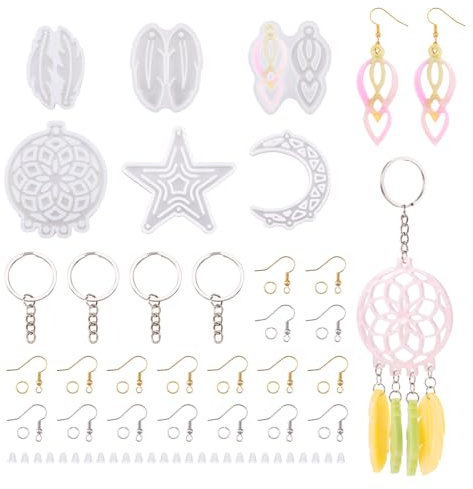 PandaHall Silikonharzformen mit Feder, Mond-Stern, UV-Harzformen, Tropfenform, Schlüsselanhänger, UV-Harzform für Epoxidharz, Basteln, Schmuckherstellung, 6 Stück