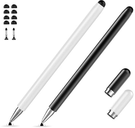 Paquete de 2 - Lápiz para tabletas Compatible con Todas Las tabletas con Pantalla táctil Android, Surface y Smartphones, Punta de precisión 2 en 1 y Punta de Silicona, Negro + Blanco