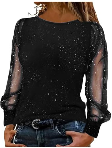 Festliche Blusen Damen Schwarz Elegant Sexy Silvester Outfit Pailletten Oberteil Modern Casual mit Glitzer Glitzer Shirt Glitzer Oberteile Herbst Winter Große Größen Langarm Tunika Festliche Blusen