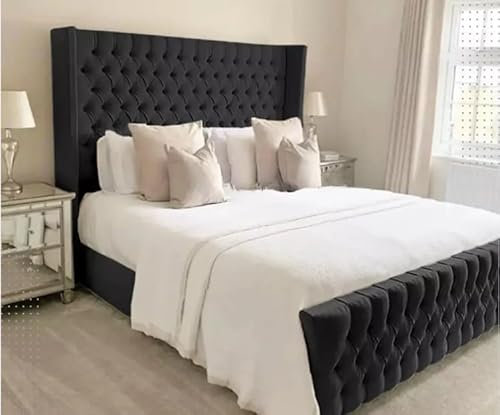 WINGED LUXURY PLUSH VELVET OTTOMAN STORAGE BED FRAME- MADE IN UK DOUBLE WING BED (Plush Black, 3ft Single)