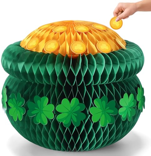 Weekgrat 20'' Extra Large St. Patrick's Day Green Pot of Gold Honeycomb Centerpiece 3D Paper Leprechaun Cauldron with Gold Coins Shamrock Centerpiece Irish Golden Coin Pot Reusable Decor