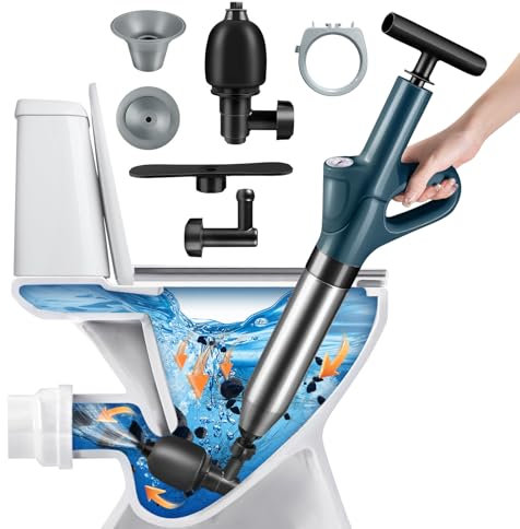 Rohrreiniger Druckluft,Rohrreinigungspumpe,Pümpel Abfluss mit Luftkompression und Luftdruckanzeige,Abflussreiniger Mit 4 Saugnäpfen und ungelochten Aufhängern für Waschbecken,Duschen und Küchen