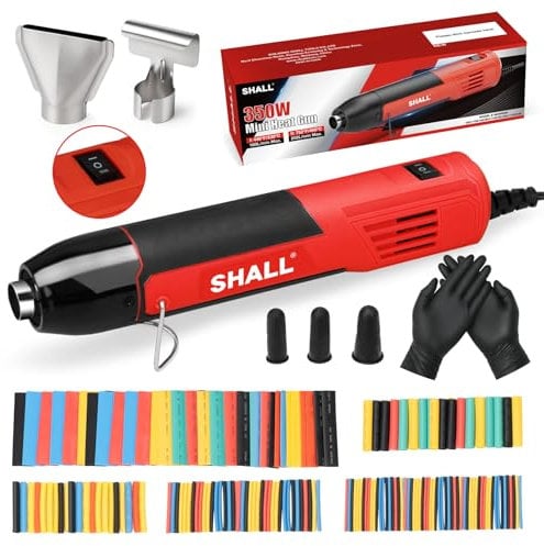 SHALL Mini set di pistole termiche, pistola termica portatile, supporto pieghevole, 2 impostazioni di temperatura 230°C/400°C, adatto per lavori artigianali, pellicola termoretraibile