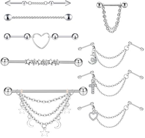 XSDSLS 16G Industrial Piercing Edelstahl Industrial Piercing Bars Industrial Ohrringe Helix Ohr Kette für Damen (Silber)