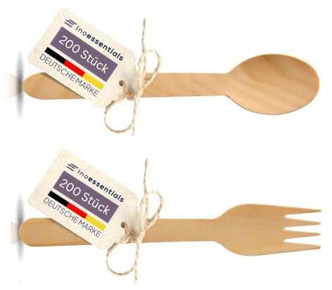 Inoverse Lot de 400 couverts en bois - 200 fourchettes en bois, 200 cuillères en bois - Couverts jetables durables et biodégradables - Couverts en bois jetables solides