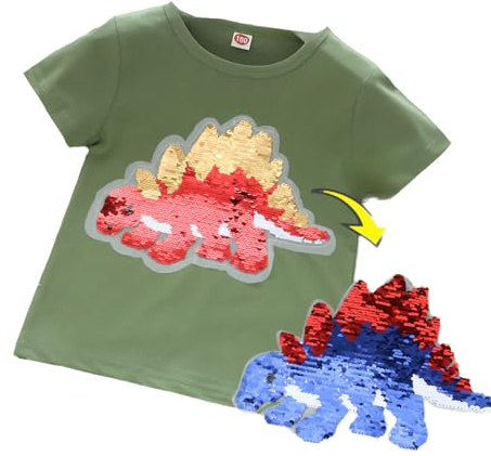 Kinder-Flip Pailletten T-Shirt | Bequemes Shirt aus Baumwolle für Jungen Dinosaurier, Bagger, Polizeiauto-Kurzarm-Shirt (DE/NL/SE/PL, Numerisch, 140, Regular, Grün)