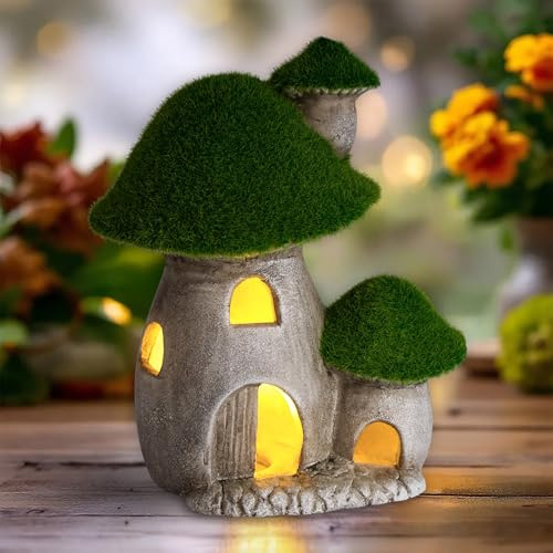 Spetebo LED Pilz Haus aus Ton mit Dach aus Kunstrasen - 19 cm - Deko Feenhaus warm weiß beleuchtet Batterie betrieben - Niedliche Dekolampe Pilzdeko Märchenhaus Feengarten Schlumpfhaus Stimmungslicht