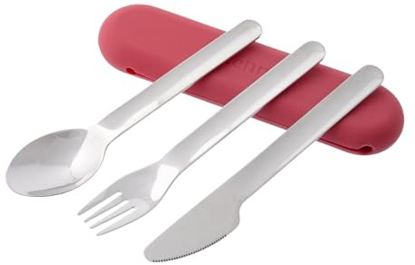Kichna Travel Cutlery Set [3 Pcs] – Hot Pink, Dishwasher Safe, Lightweight, Stainless Steel Tableware w/Fork, Knife, Spoon, Sleek Silicone Case | Kitchen Flatware