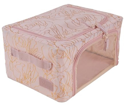 Periea ‘Beau’ Folding Collapsible Stackable Fabric Home Storage Boxes with Steel Frames (Metallic Floral Blush, Compact)