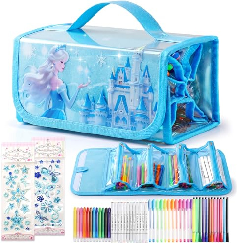 HappyGoLucky Malset für Kinder Wasserfarbkasten Marker Set, Geschenk Mädchen 3-10 jahre, Federmäppchen Mädchen mit 48 Stifte & Stickerkarten - Weihnachts Geschenken (Blau)