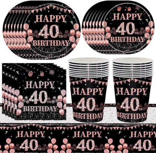 Black Gold 40th Birthday Tableware Set, Plates, Paper Cups, Tissues, Tablecloths, Happy Birthday Dinnerware Set, 16 Guests