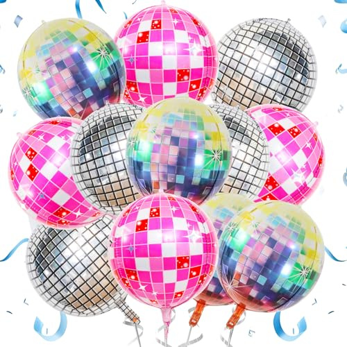 Disco Balloons, Colorful 4D Round Balloon for Party Decoration | Pink, Silver, Colorful 4D Round Balloon for 70s 80s 90s Theme Disco Ball Birthday Party Wedding Supplies.(12Packs)