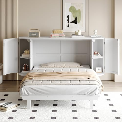 Lexiou Schrankbett 140 x 200 cm, Wandbett mit Lattenrost, Wandklappbett, vertikales schrankbett mit Lattenrost, mit Staufächern, Rattan-Design, Holzbetten, Jugendbetten, Einzelbetten (Weiß)
