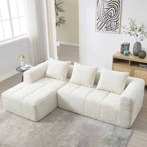 FammyLoft Vollkomprimiertes Ecksofa, Sofa L Form mit Seitentaschen, Modulares Sofa mit Schlaffunktion, Cloud Couch Ohne Montage, Schlafcouch, für Wohnzimmer/Schlafzimmer, Chenille, 250cm, Beige