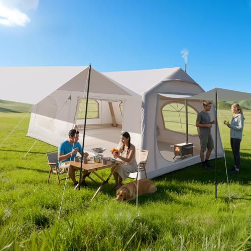 MOPHOTO Inflatable Tents for Camping, Large Blow Up Tent with Hand Pump, Easy Setup Family Tent 4 Season Tent, Waterproof Oxford Air Glamping Tents 10/12 Person(2Rooms With a Canopy)