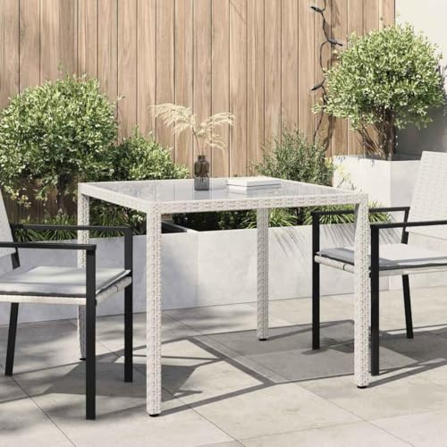 Zeehear Gartentisch 90x90x75 cm aus Poly Rattan mit gehärtetem Glas, pulverbeschichteter Stahlrahmen, weiß, wetterfest für Garten Terrasse Balkon Outdoor Sitzgruppe Essplatz
