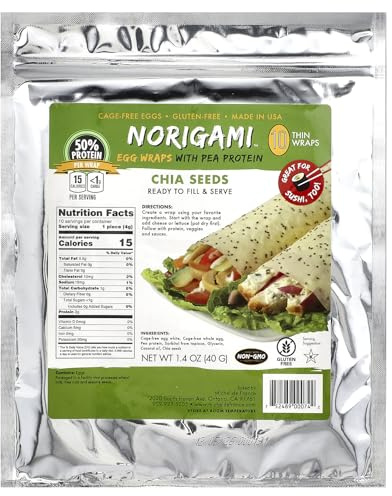 Norigami Egg Wraps with Pea Protein – Chia Seeds. High Protein, Low Carb, Vegetarian. Thin Healthy Wraps -Certified Kosher, Non-GMO, Gluten Free -NOW Featuring 10 Wraps in a bag.