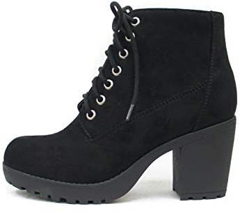 Soda Second Lug Sole Chunky Heel Combat Ankle Bootie Lace up w/Side Zipper, Schwarzes Wildlederimitat, 38 EU