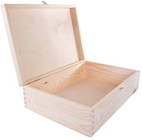 WooDeeDoo Large Wooden Box with Clasp and Hinged Lid – 35 x 25 x 10 cm – Pine A4 Storage Box for Paper Documents Crafts Gifts Decorative Use Paint Stain Decoupage