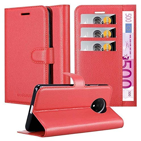 Cadorabo Hülle kompatibel mit OnePlus 7T Handyhülle aus Premium Kunst Leder Flip Klappbare Stoßfeste Magnetische [Standfunktion] [Kartenfächern] Cover Hülle für OnePlus 7T Tasche in Rot