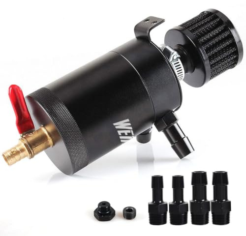 WENJTP Oil Catch Can Kit with 4 Adapters + Breather Filter Drain Valve Plug 2 Ports (1 oulet + 1 inlet) 150ml Universal Aluminum Baffled Oil Reservoir Tank Oil Separator HTRACING (Red)