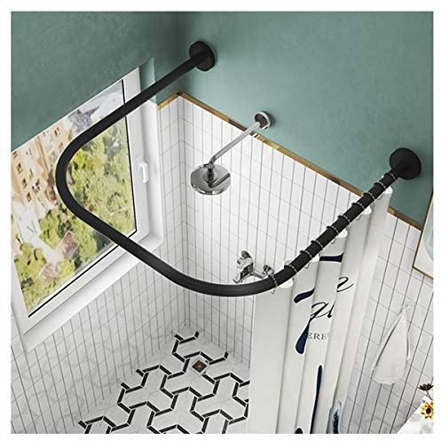 Tringle d Angle pour Rideau de Douche Extensible Réglable en Forme de U Barre Rideau Douche Arrondie en Acier Inoxydable Courbée Ajustable Barre Rideau Douche sans Perçage Black-90×90×90