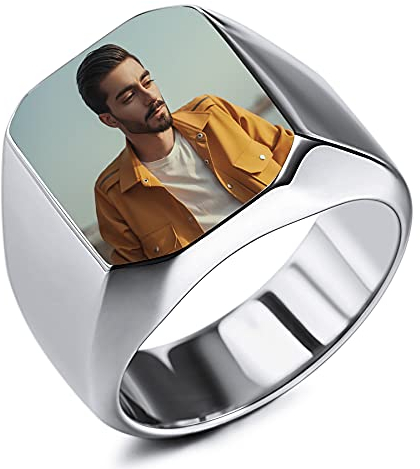 MeMeDIY Personalisierter Siegelring Benutzerdefinierte Gravur Farbfoto für Männer Frauen Junge Mädchen Bester Freund Edelstahlband Jubiläumsgeschenk mit Ringgrößeneinstellern (Silber Farbe größe 67)