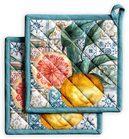 Maison d' Hermine Agrume Manique 100% Coton avec Boucle résistante à la Chaleur pour Barbecue, Cuisine, Cuisson, grillade, Micro-Ondes, Barbecue Printemps-été (20cm x 20cm)