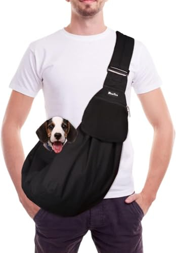 SlowTon Hundetragetasche, Haustier Hundetasche mit verstellbarem, gepolstertem Schultergurt und Fronttasche Tragetasche Hund für Spaziergang Aktivitäten im Freien und Ausflüge(Schwarz-Wasserdicht)