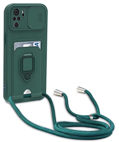 yanasuo Schiebe Kameraschutz Silikon Handykette Hülle kompatibel mit Xiaomi Redmi Note 10 4G/ Note 10S, Metall Ring Halter Handy Cover,Verstellbarer Halskette Handyhülle-Dunkel Grün