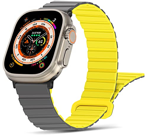 Tasikar Kompatibel mit Apple Watch Armband 49mm 46mm 45mm 44mm 42mm, Silikon Magnetverschluss Loop Ersatzarmband für iWatch Ultra SE Series 10 9 8 7 6 5 4 3 2 1 (Grau Gelb)