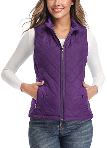 LONGKING Damen Weste Leicht Stehkragen Weste Steppweste mit Reißverschluss Ärmellose Oberteile Tops Coat Jacke Outdoor Lila XXL