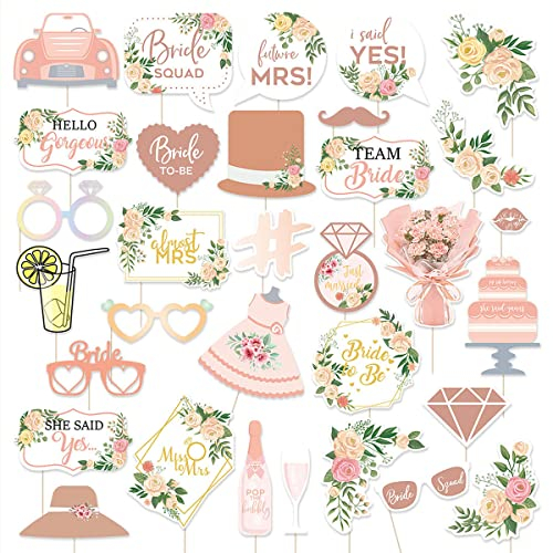 Jagowa 32-Piece Rose Gold Wedding Photo Prop Set for Bride-to-Be, Bachelor, and Hen Party Decorations with Bamboo Sticks and Glue Dots