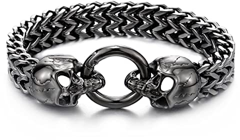 COOLSTEELANDBEYOND Gotik Biker Herren Grau Schwarz Edelstahl Schädel Franco Link Panzerkette Armband mit Federringverschluss