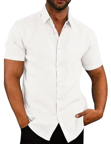 COOFANDY Men's Short Sleeve White Linen Shirt Summer Casual Shirts for Men UK White Sold L
