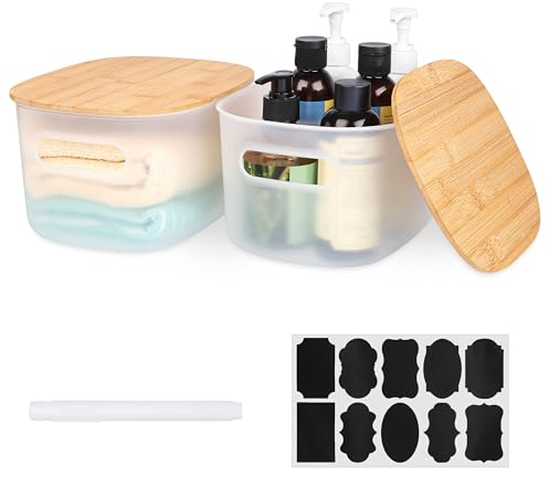 BELLE VOUS 2 Pack Storage Box with Wooden Lid - L23 x W17 x H12cm/9 x 6.7 x 4.7 Inches Plastic Storage Boxes with Handles - Stackable Organiser Baskets for Shelves Kitchen Bathroom Office (White)