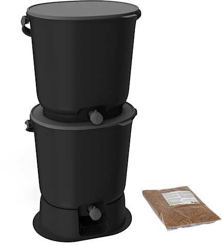 Natursache Bokashi Eimer 2er Set, Schwarz, Biomülleimer für die Küche | Küchenabfälle geruchlos fermentieren – Bokashi Komposter mit effektiven Mikroorganismen, liefert Dünger für den Garten