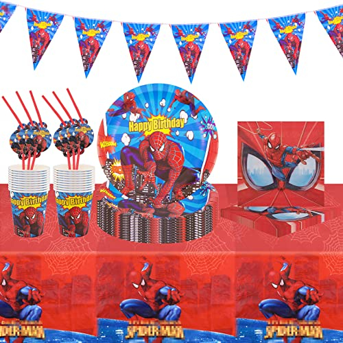 Kindergeburtstag Partygeschirr Set, 52 Stück Spider Geburtstagsdeko Party Tableware Supplies Deko Geburtstag Kinder Enthalten Teller,Tassen, Servietten, Tischdecken für 10 Gäste