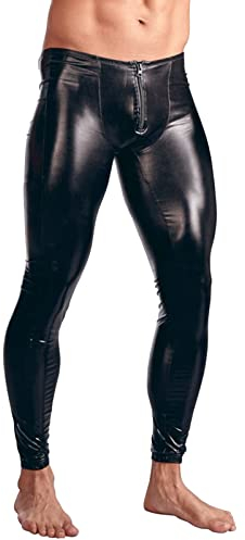 Caxndycing Herren Legging Wetlook Skinny Hose Lack Leder Leggings Tights mit Bulge Beutel Stretch Kunstlederhose Slim Fit Gerader Schnitt Erotik Pants Männer Schwarz Leggings Lange Hose