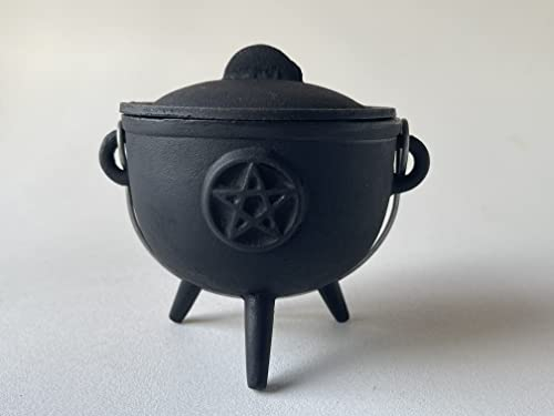 Pentagram Pentacle Cast Iron Cauldron with Lid and Handle, Witches Cauldron, Great for Use with Charcoal Incense, Smudge Sage, 4.25