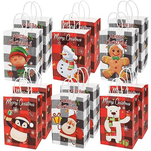 12PCS Weihnachtsgeschenktaschen 6 verschiedene Arten Taschen kraftpapiertaschen mit Griffen Weihnachts Taschen mit Weihnachtsdrucken für Weihnachtsgeschenkverpackung Weihnachtsfeierzubehör