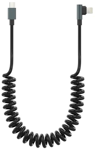 Cable Coche iPhon en Espiral de 90 Grados, Apple Carplay y Certificado MFi, Cargador Retráctil para iPhone con Transmisión de Datos, Cable USB C iPhone Corto en ángulo Recto para iPhone/Pad/Pod