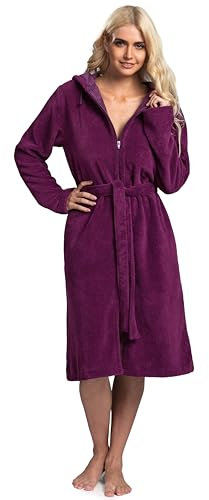 Twinzen Bademantel Damen Reißverschluss Kapuze - Bademantel Damen flauschig aus superweicher Öko-Tex Baumwolle Burgunderrot - Größe L