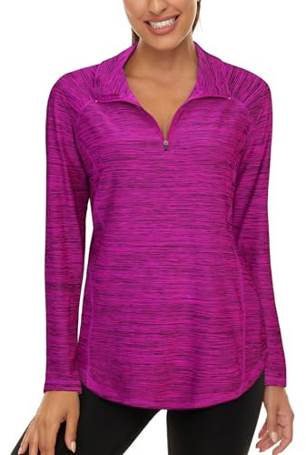Akiooue Womens Long Sleeve Golf Shirts, Ladies Gym Tops 1/4 Zip Up Casual Moisture Wricking Tops Casual Running Tops Ladies Sports Tops Casual Long Tops Cycling Tops Women Purple Black