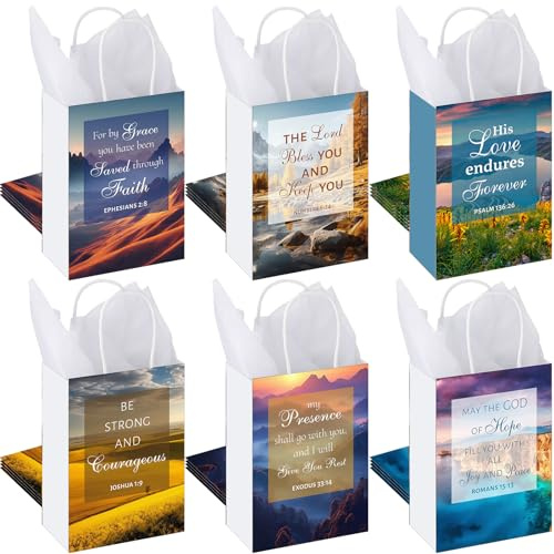 Engrowtic Papier-Geschenktüten mit Bibelvers und Taschentüchern, christliche Geschenktüten mit Schriften, inspirierende, religiöse Landschaften, Hymne, Geschenktüten mit Griff für Taufe, christliche