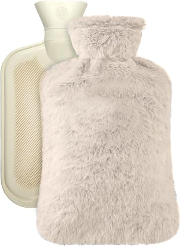 Große Wärmflasche mit Bezug, 2 Liter, Premium-Naturkautschuk-Wärmbeutel, weicher Fleece-Bezug zur Schmerzlinderung, Rücken, Nacken und Schultern & warme gemütliche Nächte (Beige)