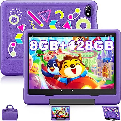 Tablet Bambini Android 12, Tablet 10 Pollici con WiFi 8GB+128GB/TF 1TB ROM, Kids Tablet in offerta Controllo Genitori, Giochi Educativi, Doppia Fotocamera, Tablet WiFi offerte Custodia EVA,Viola